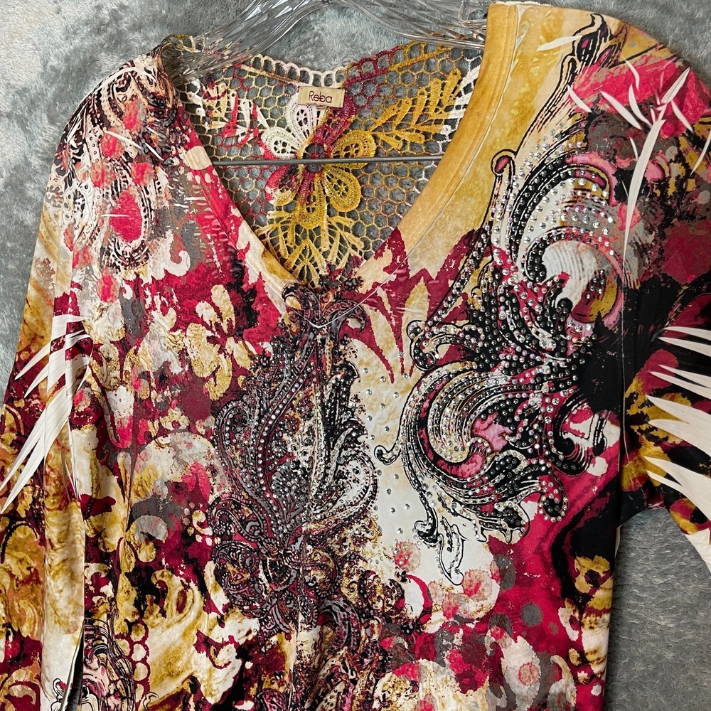 Reba Women VNeck Stretchy Tunic Blouse S* Boho Western Eclectic Artsy Rhinestone
